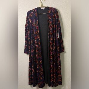 LuLaRoe- Sarah-Long Duster-Black, purple and Orange print- Size Medium